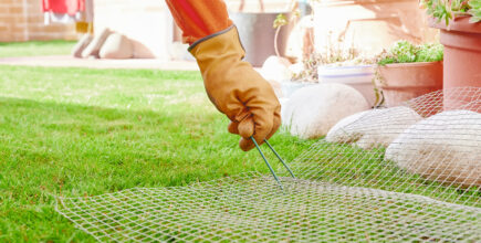 a gardener places a sod staple into some landscaping netting.